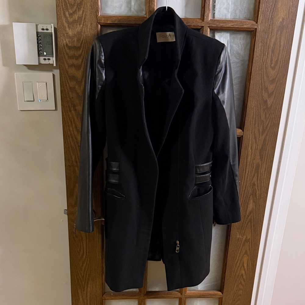 Faux Leather Sleeve Long Black Coat